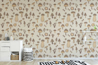 Sand-colored Watercolor Mushrooms Wallpaper for decor