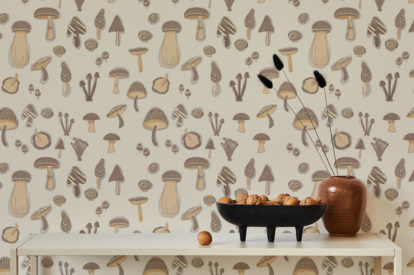 Soft Watercolor Mushrooms Sand Color Wallpaper mural