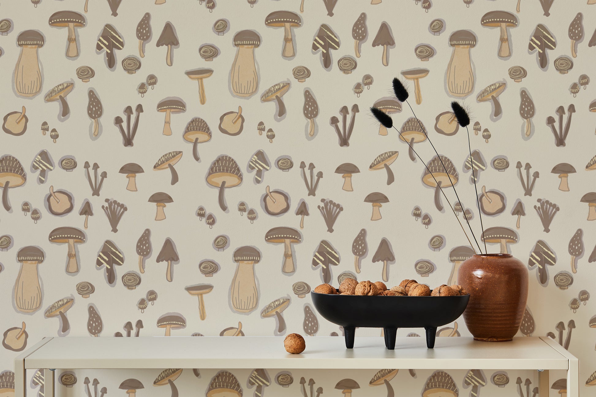 Soft Watercolor Mushrooms Sand Color Wallpaper mural