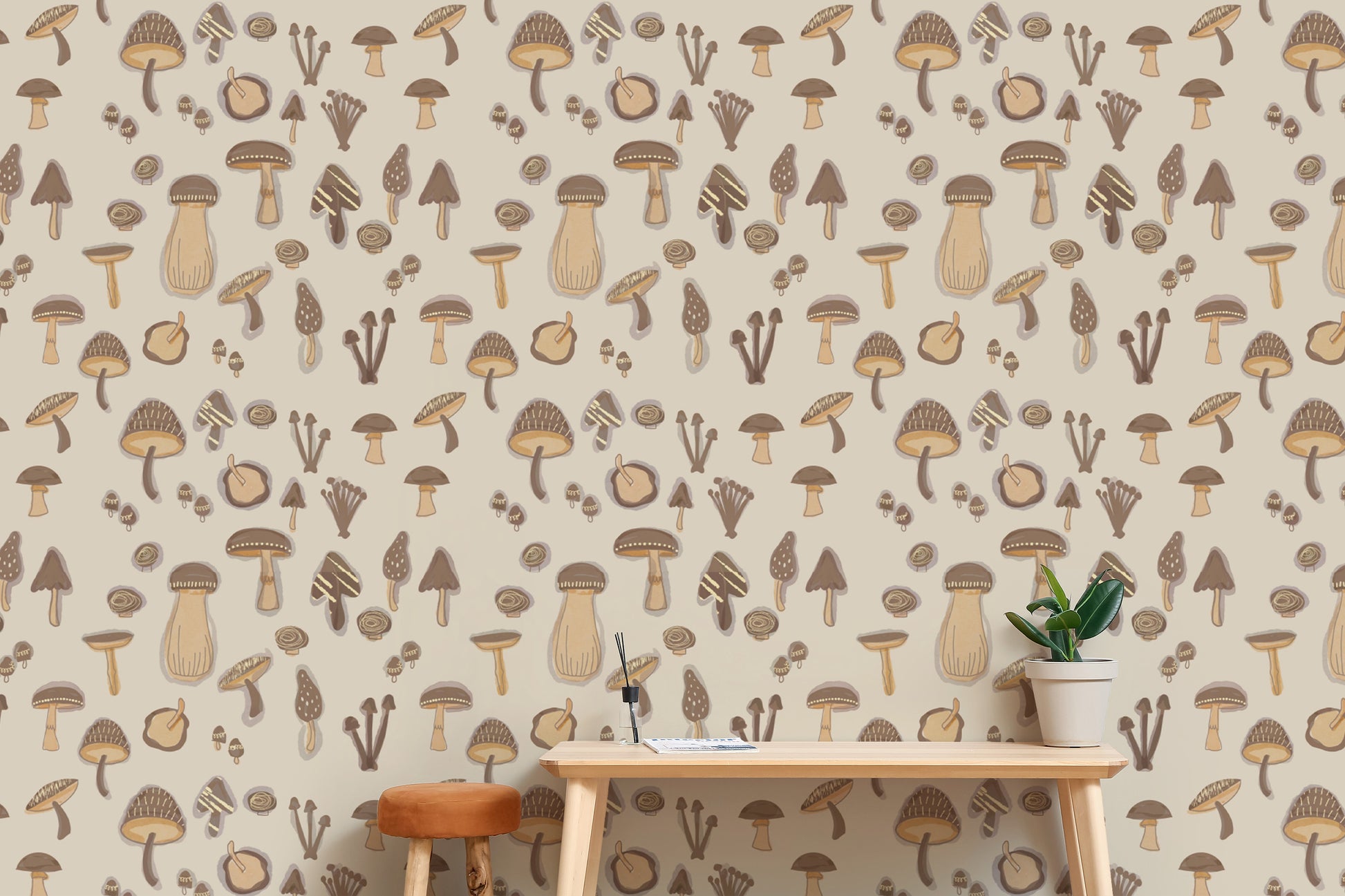Watercolor mushrooms sand color wallpaper for rooms