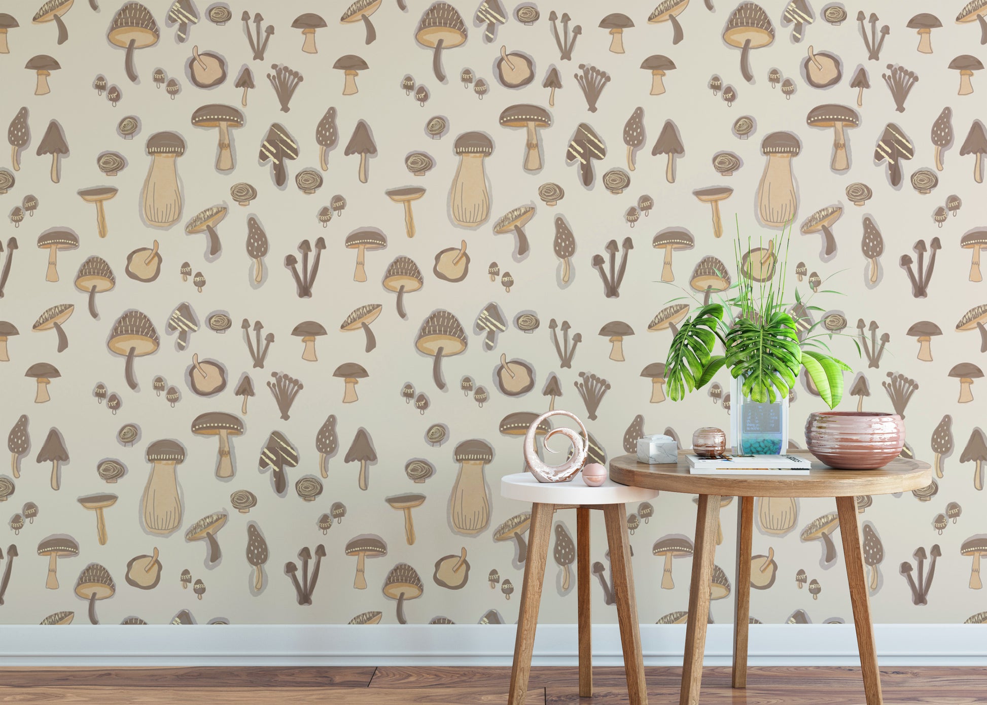 Elegant Watercolor Mushrooms Sand Color Wallpaper