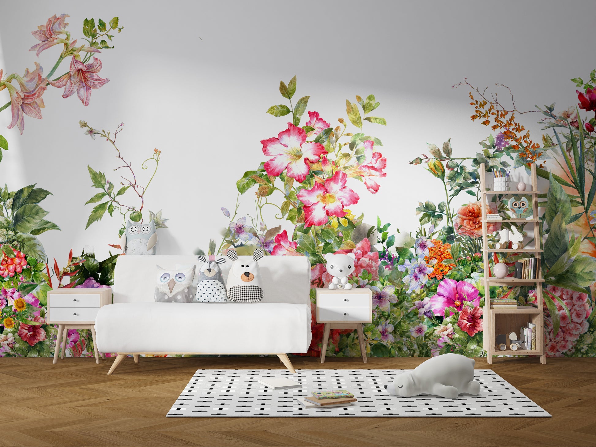 Vibrant botanical wallpaper with colorful floral details.