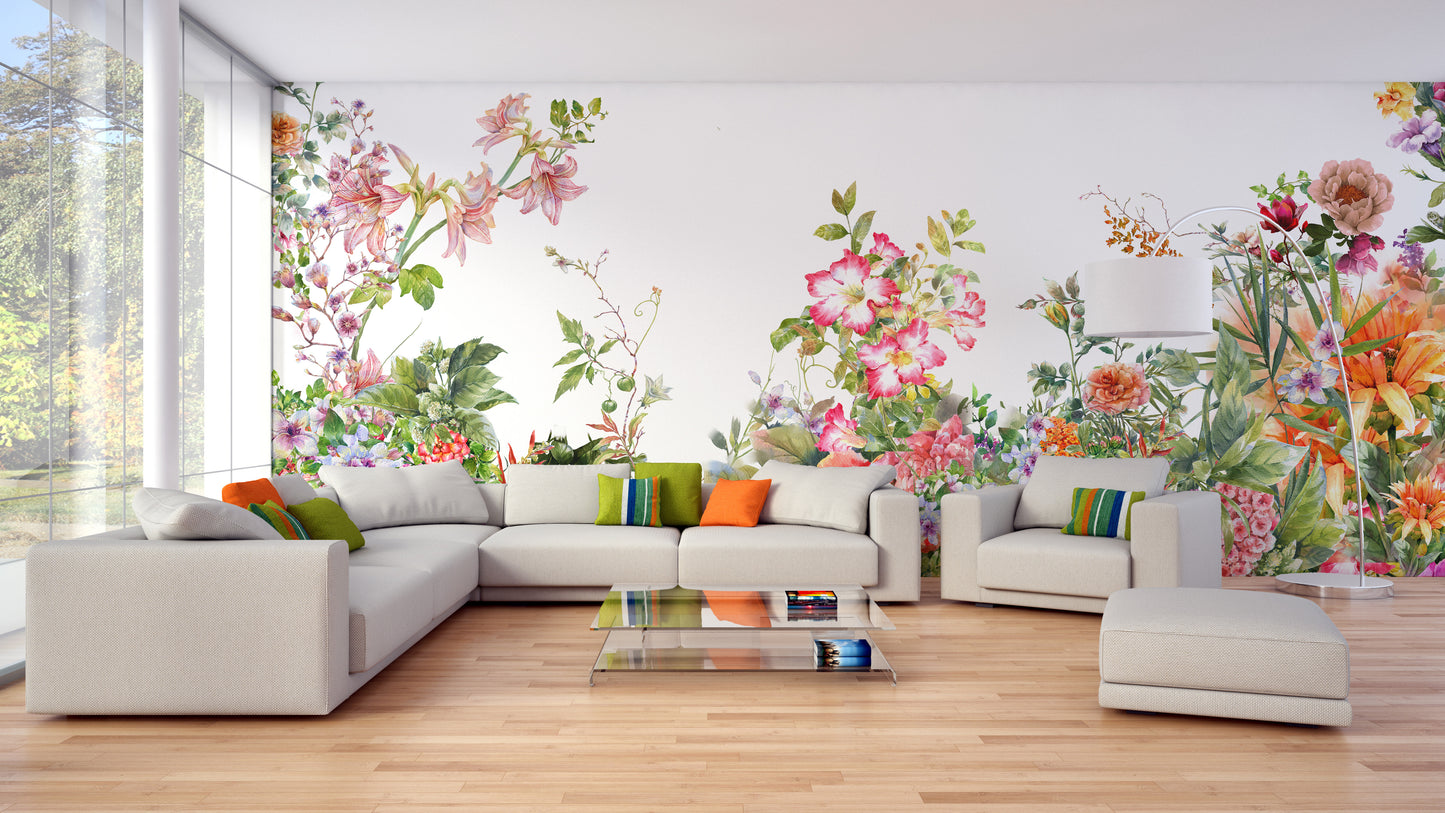 Vibrant botanical wallpaper with colorful floral details.