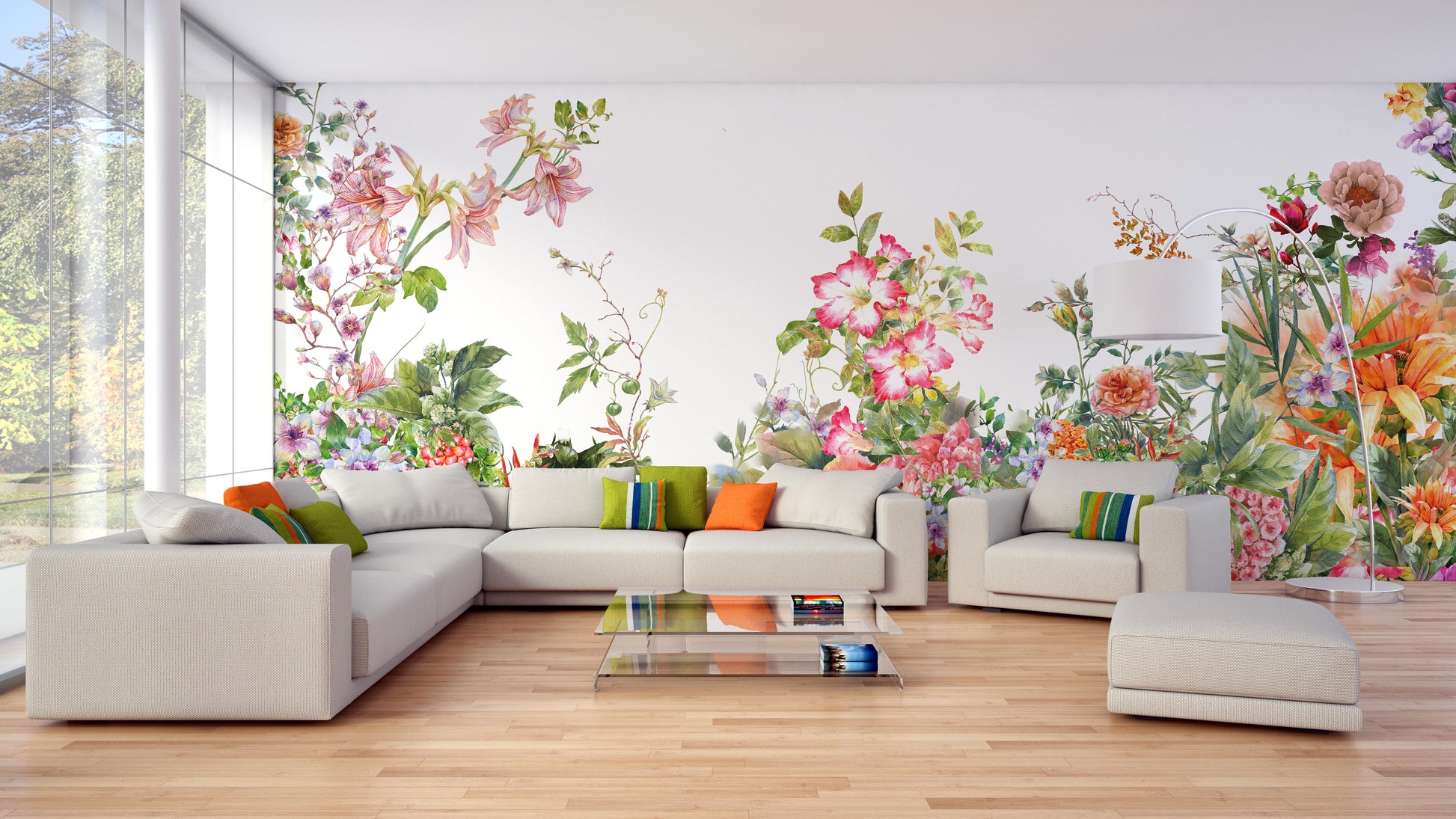 Vibrant botanical wallpaper with colorful floral details.