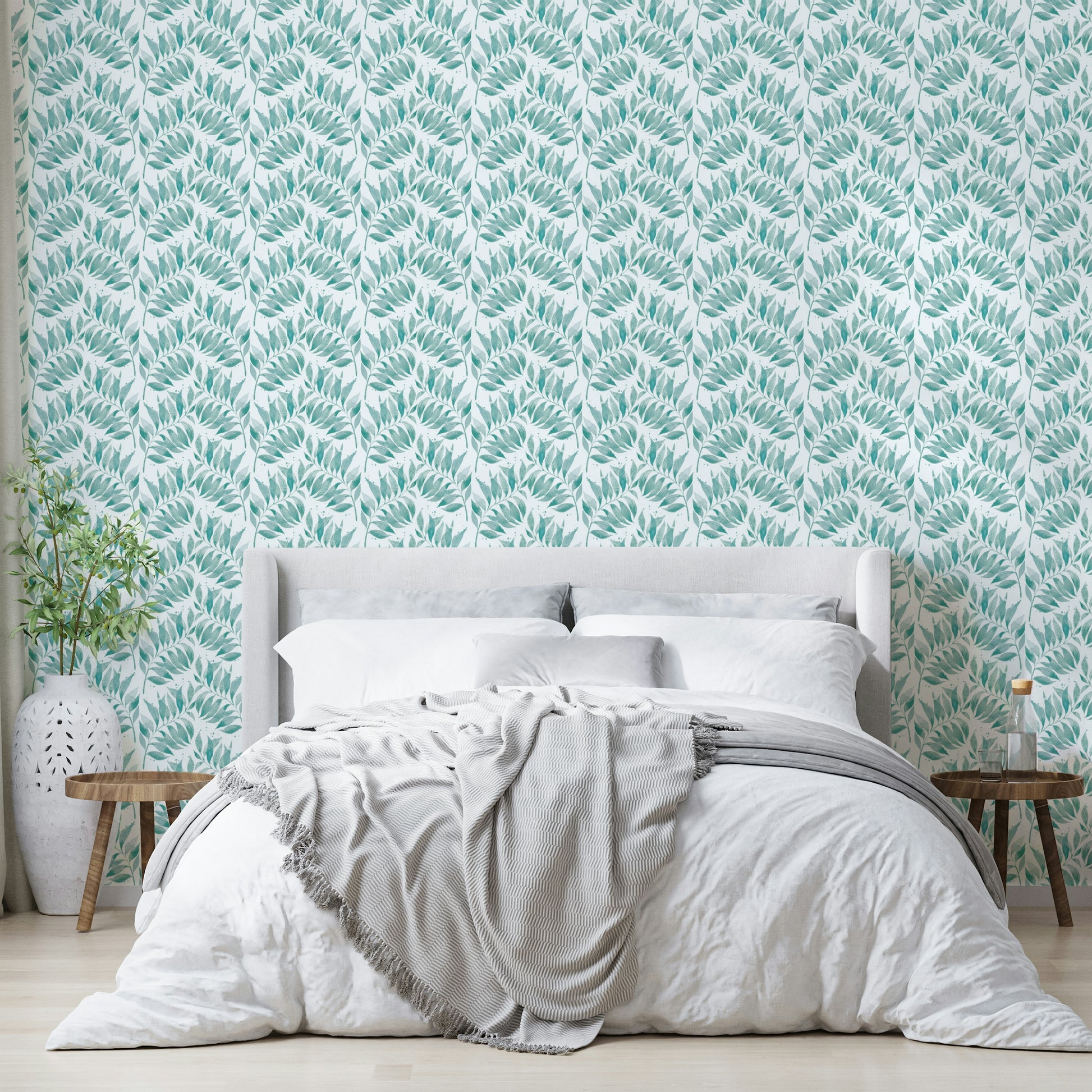 Watercolor palm leaf print in aqua tones


