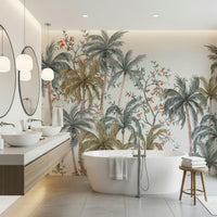 Tropical green palm leaf wallpaper for a bright apartment bedroom.