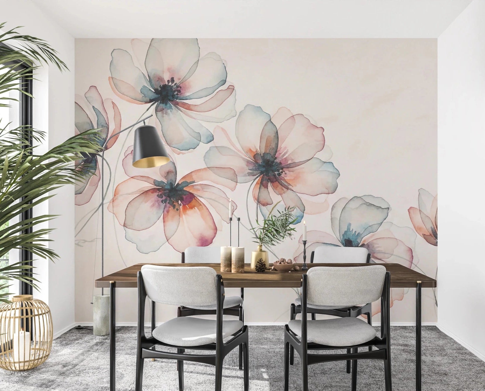 Watercolor Petals wallpaper mural of peach and teal cosmos flowers behind a wood dining table with black chairs