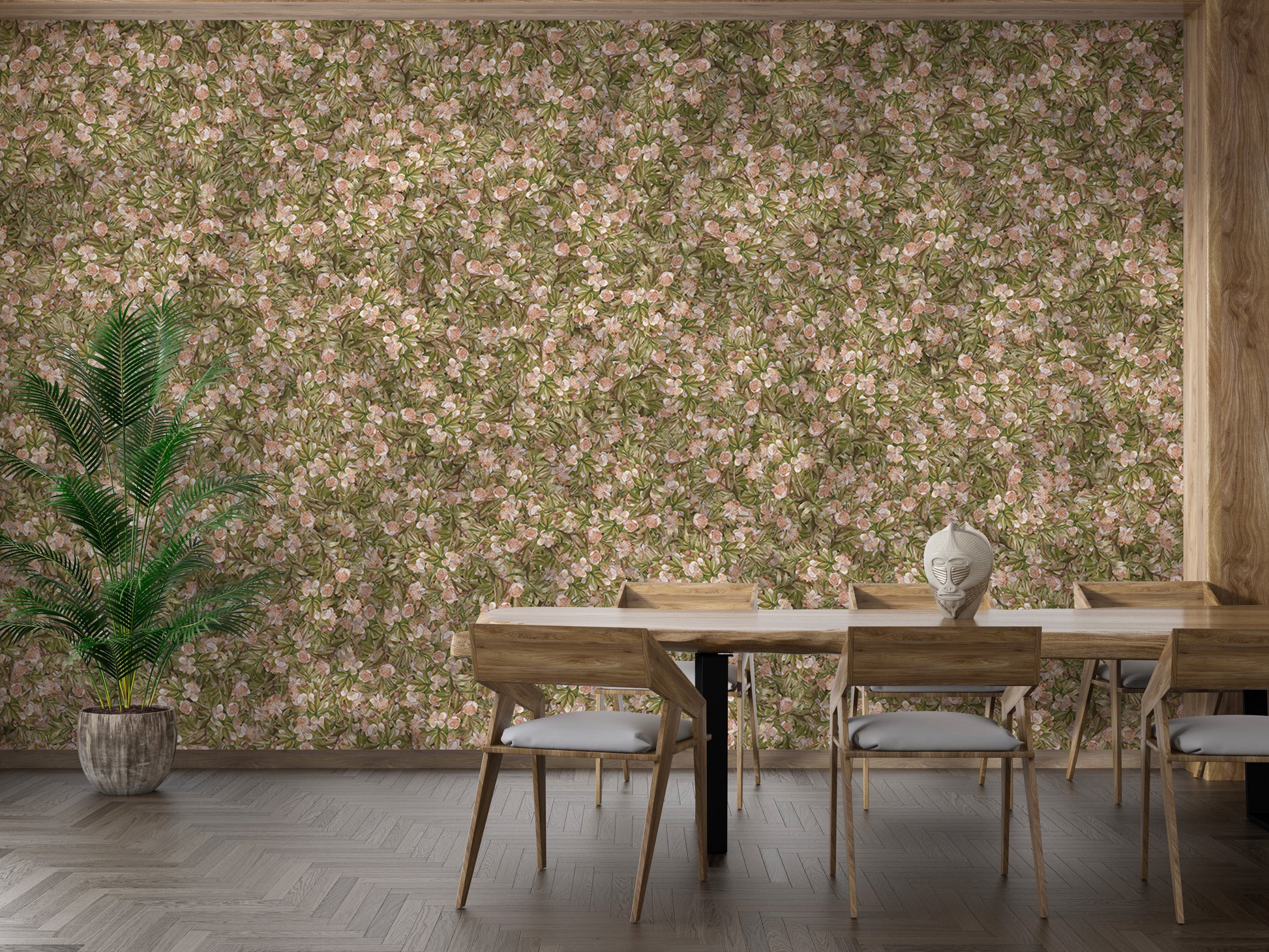 Stylish wallpaper featuring delicate pink flowers and greenery

