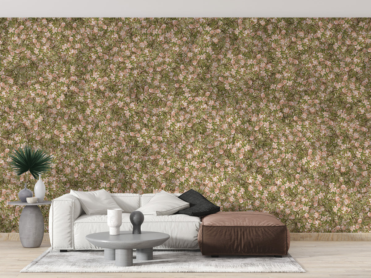 Elegant pink floral and green leaf wallpaper for interiors
