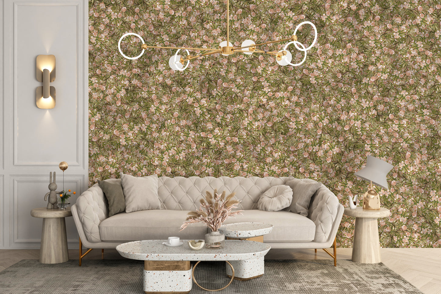 Watercolor mural featuring pink flowers and green leaves
