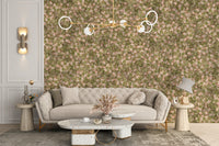 Watercolor mural featuring pink flowers and green leaves
