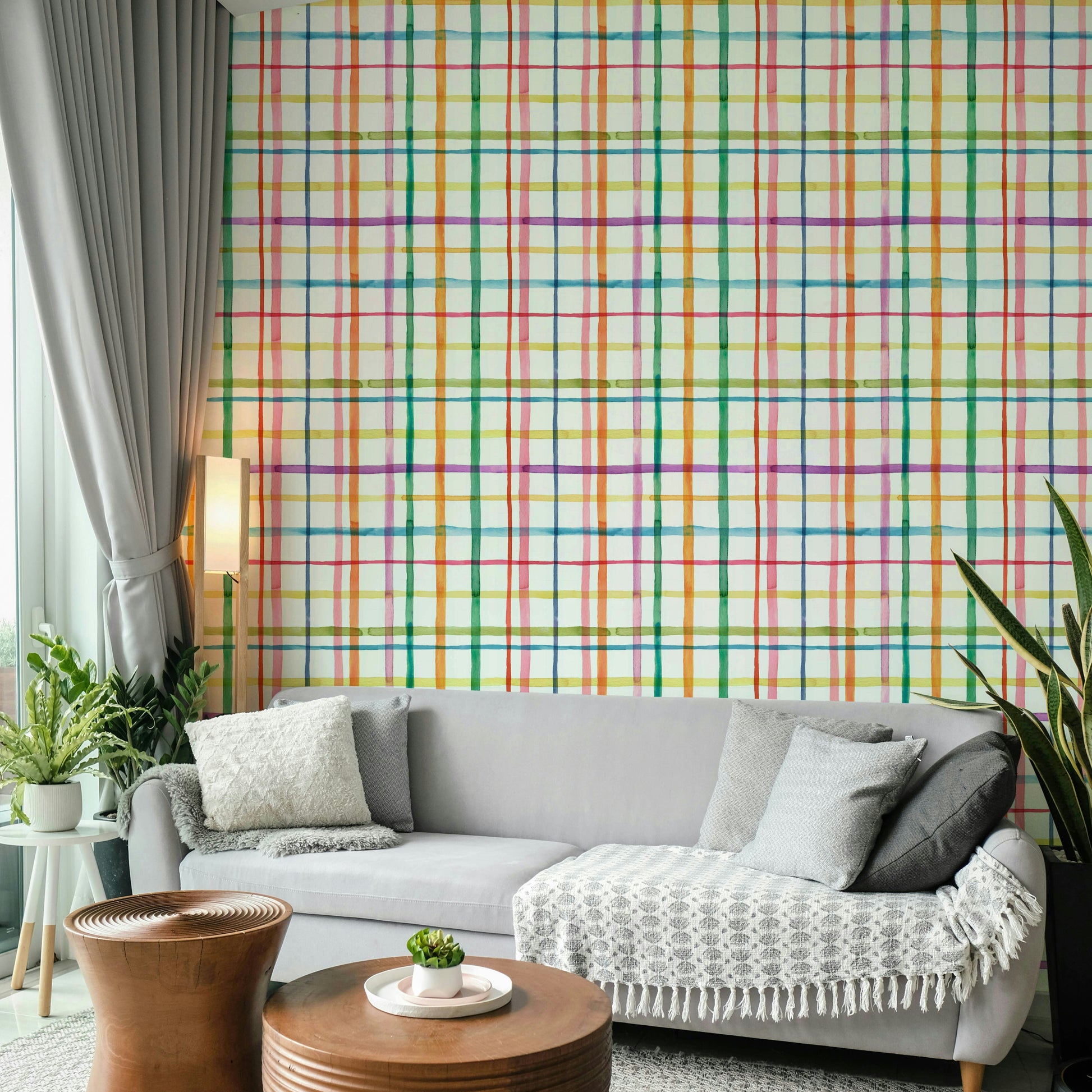 Watercolor checks wallpaper in pastel plaid tones

