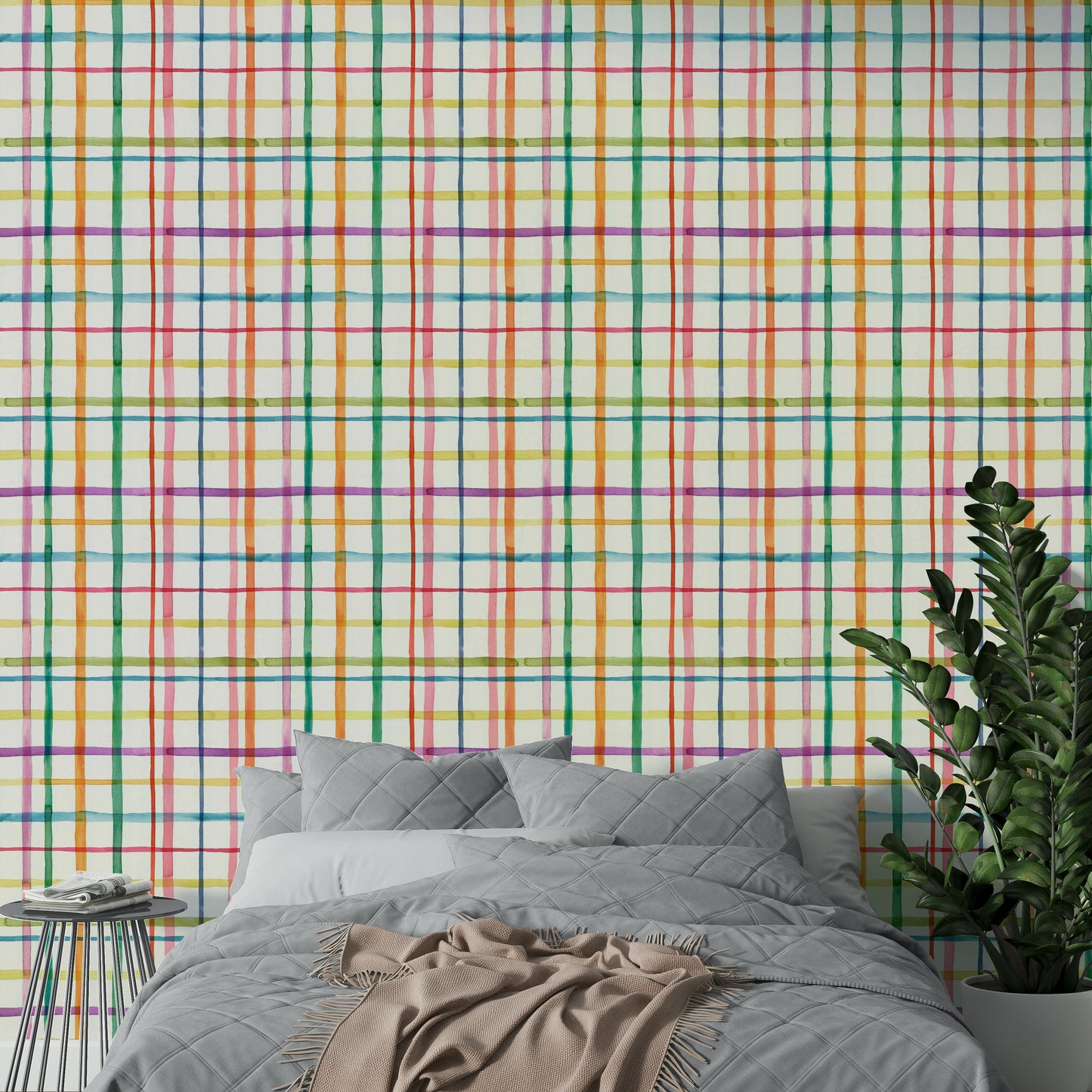 Abstract geometric wallpaper with plaid elements

