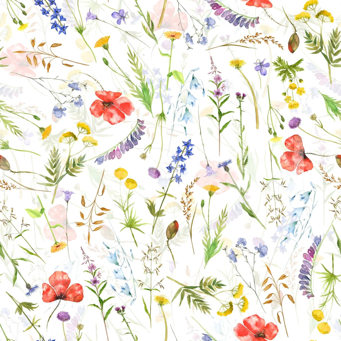 Spring wall mural vibrant field flowers decor Watercolor Poppies Meadow.