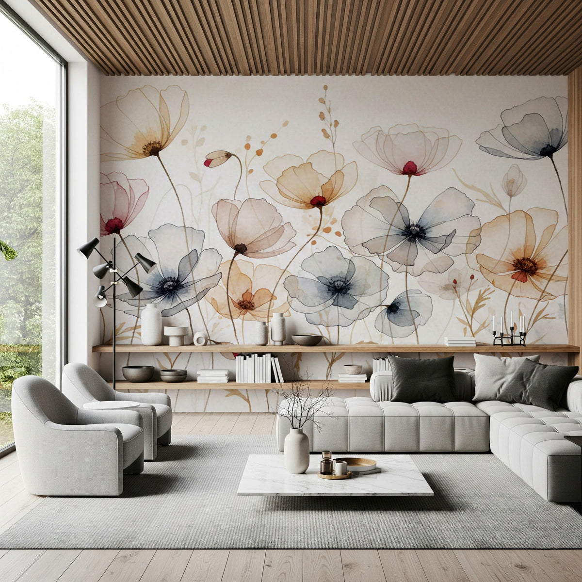 Watercolor Poppies Wall Mural | Soft Floral Botanical Decor