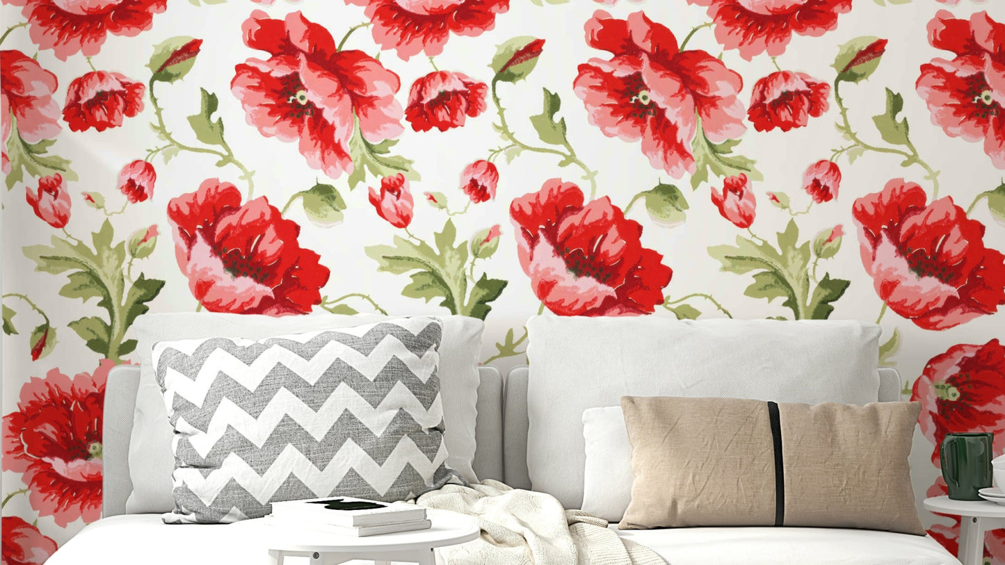 Soft poppy garden mural in warm red and pastel tones.


