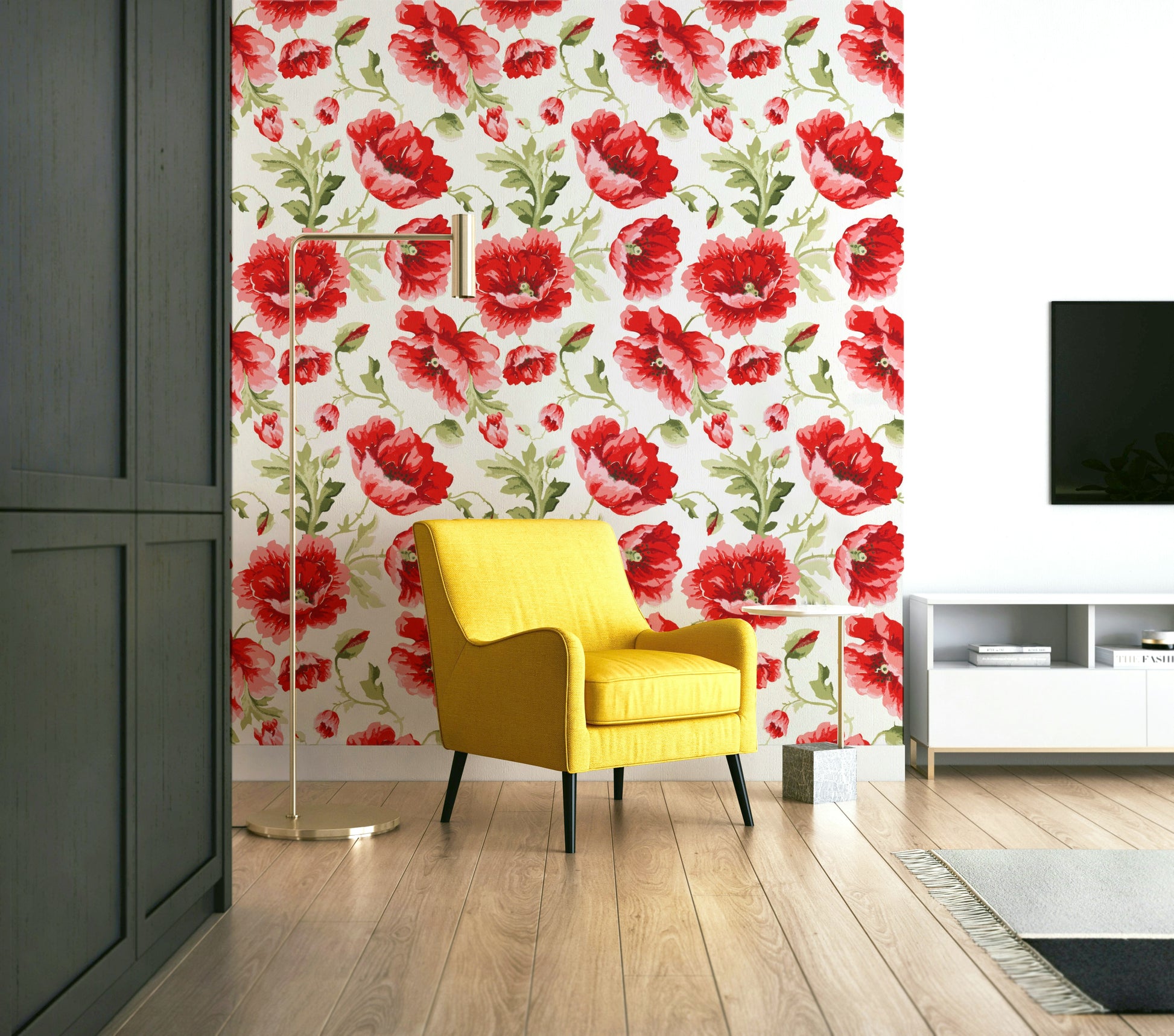 Watercolor Poppy Garden mural for soft, romantic interiors.

