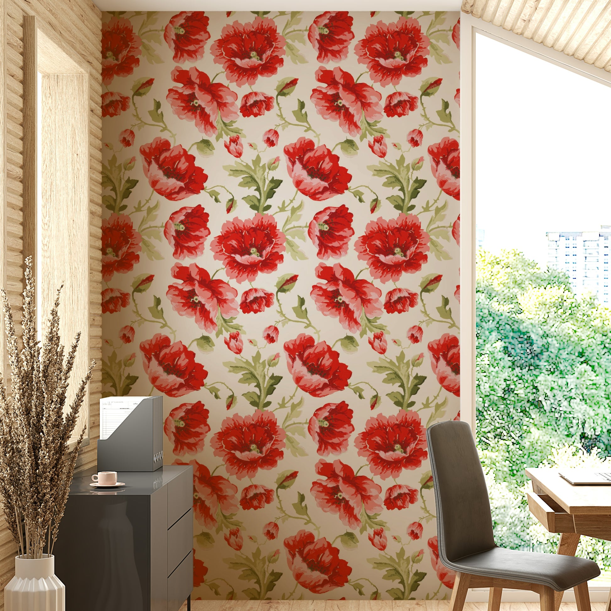 Delicate floral wallpaper with painted poppies and foliage.

