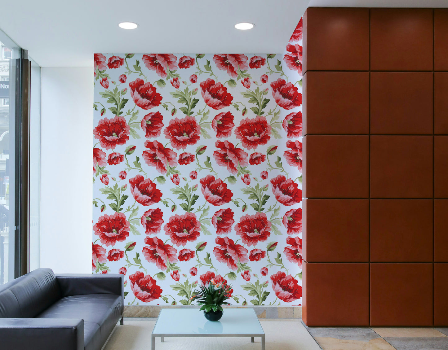 Artistic poppy wall mural on a light neutral background.

