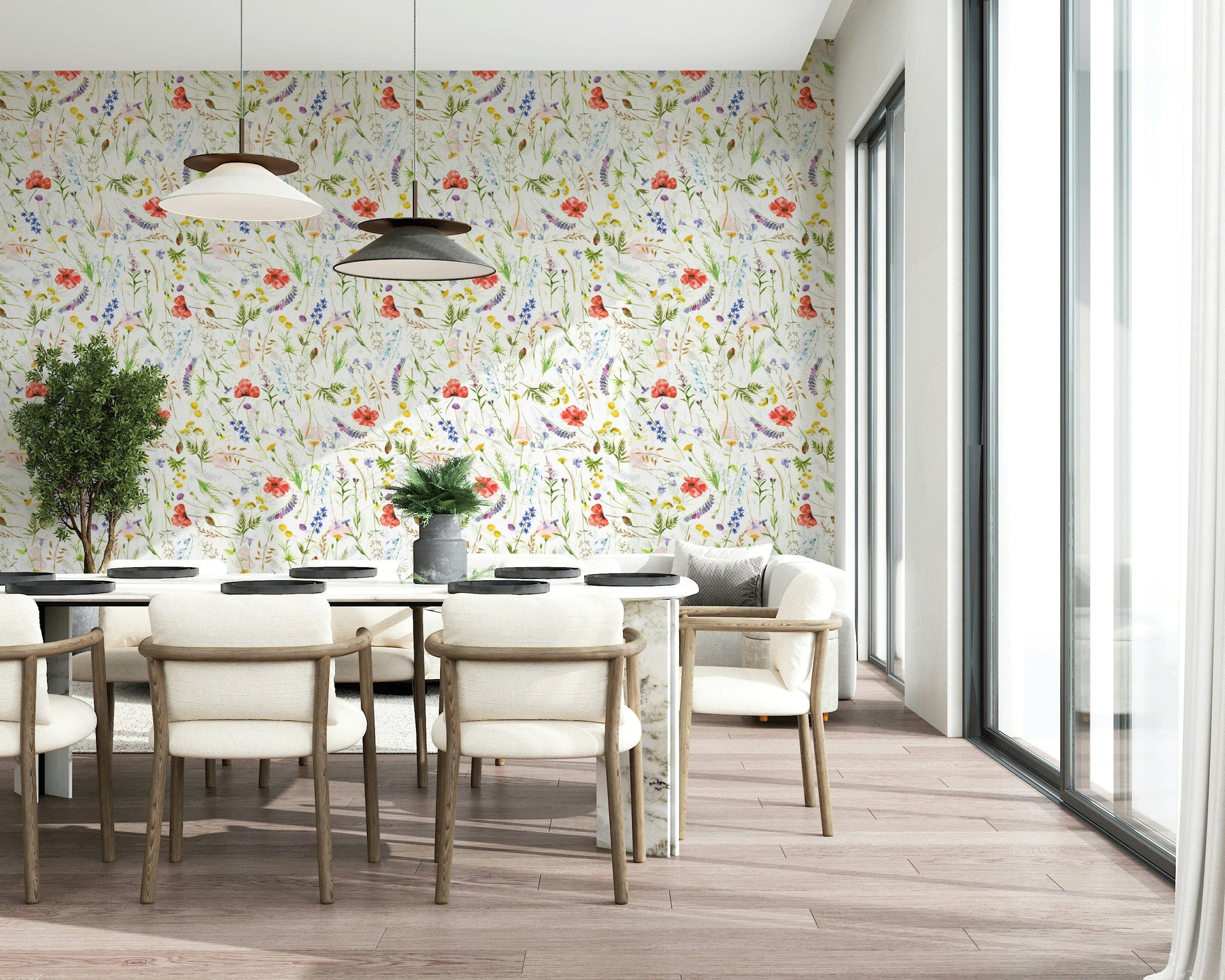 Dreamy Watercolor Poppies Meadow wall mural abstract garden background.