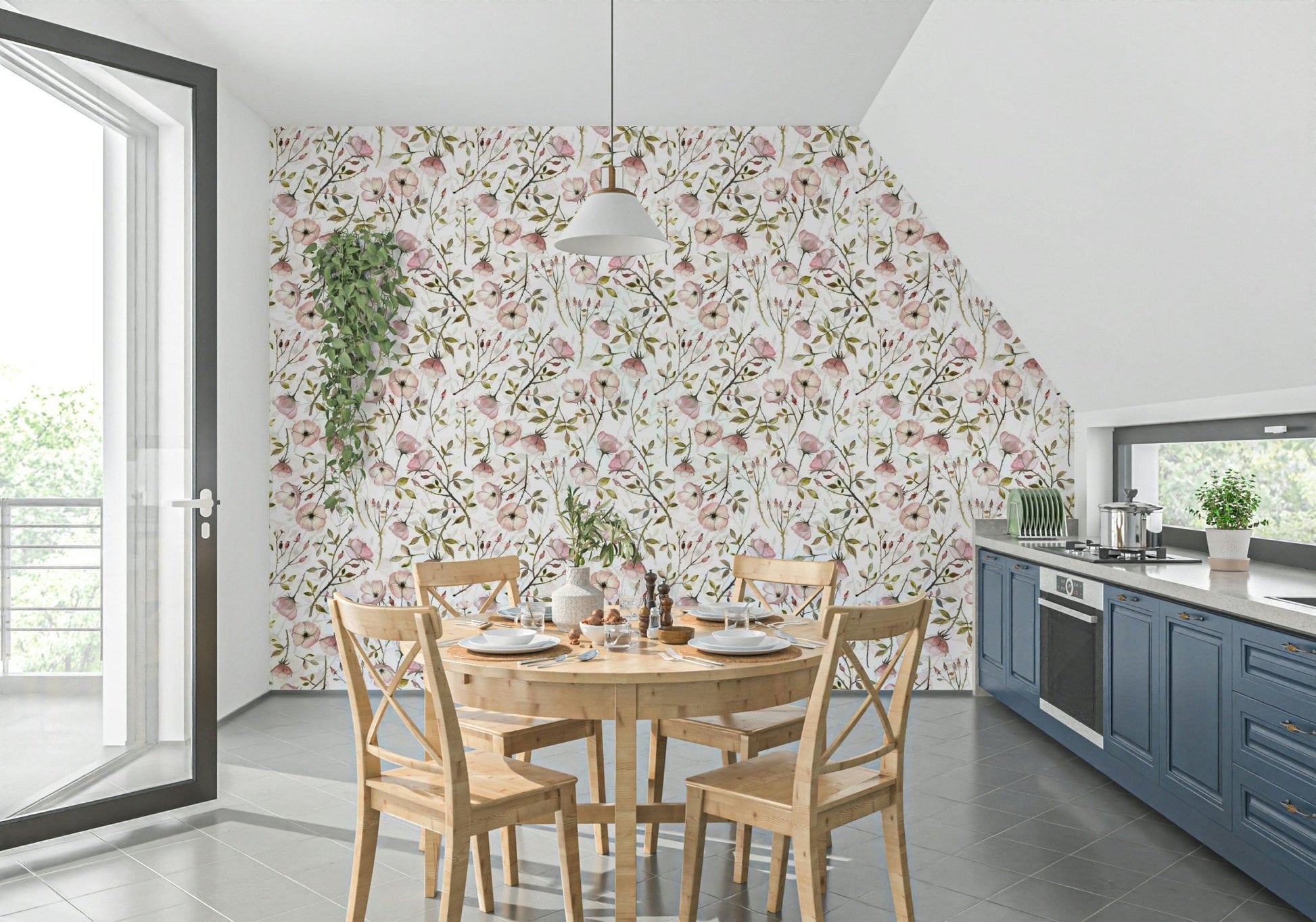 Soft pink Watercolor Rose Garden mural leaves rose hips