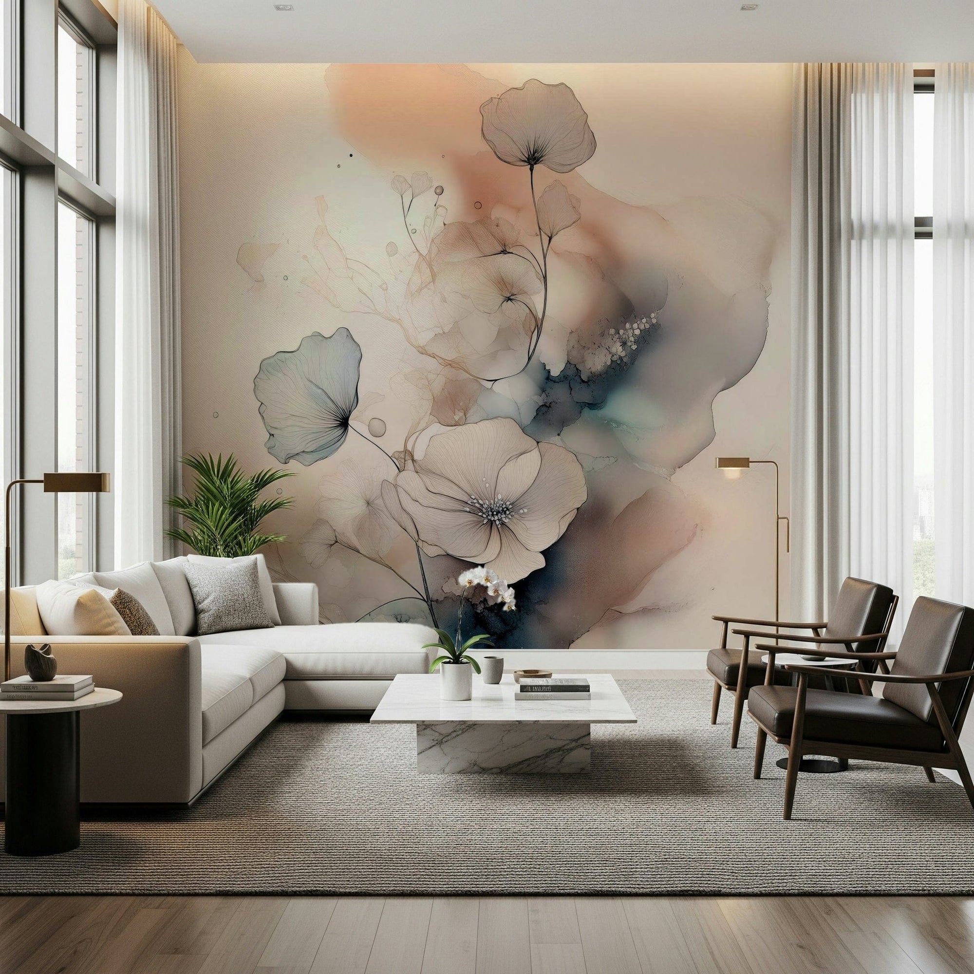 Watercolor Spiral Bloom wallpaper mural in blush and navy poppies behind a white sectional sofa and armchairs