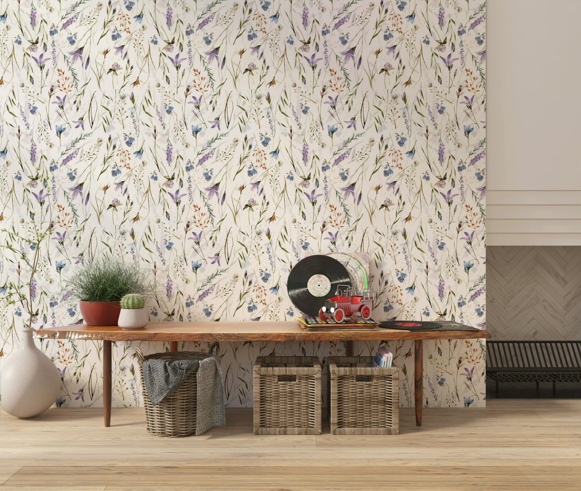 Authentic watercolor style, Watercolor Spring Wildflower Meadow room accent.