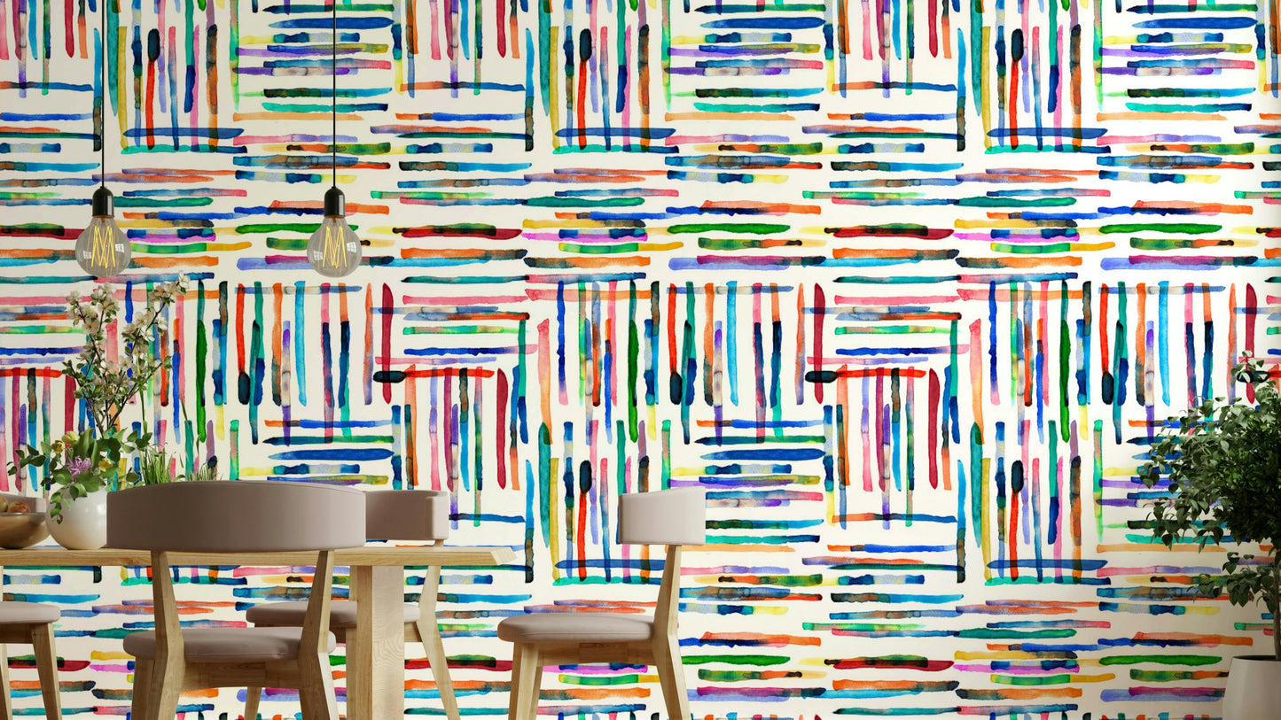 Watercolor Stripes Tile Blue Wallpaper with hand-painted lines.

