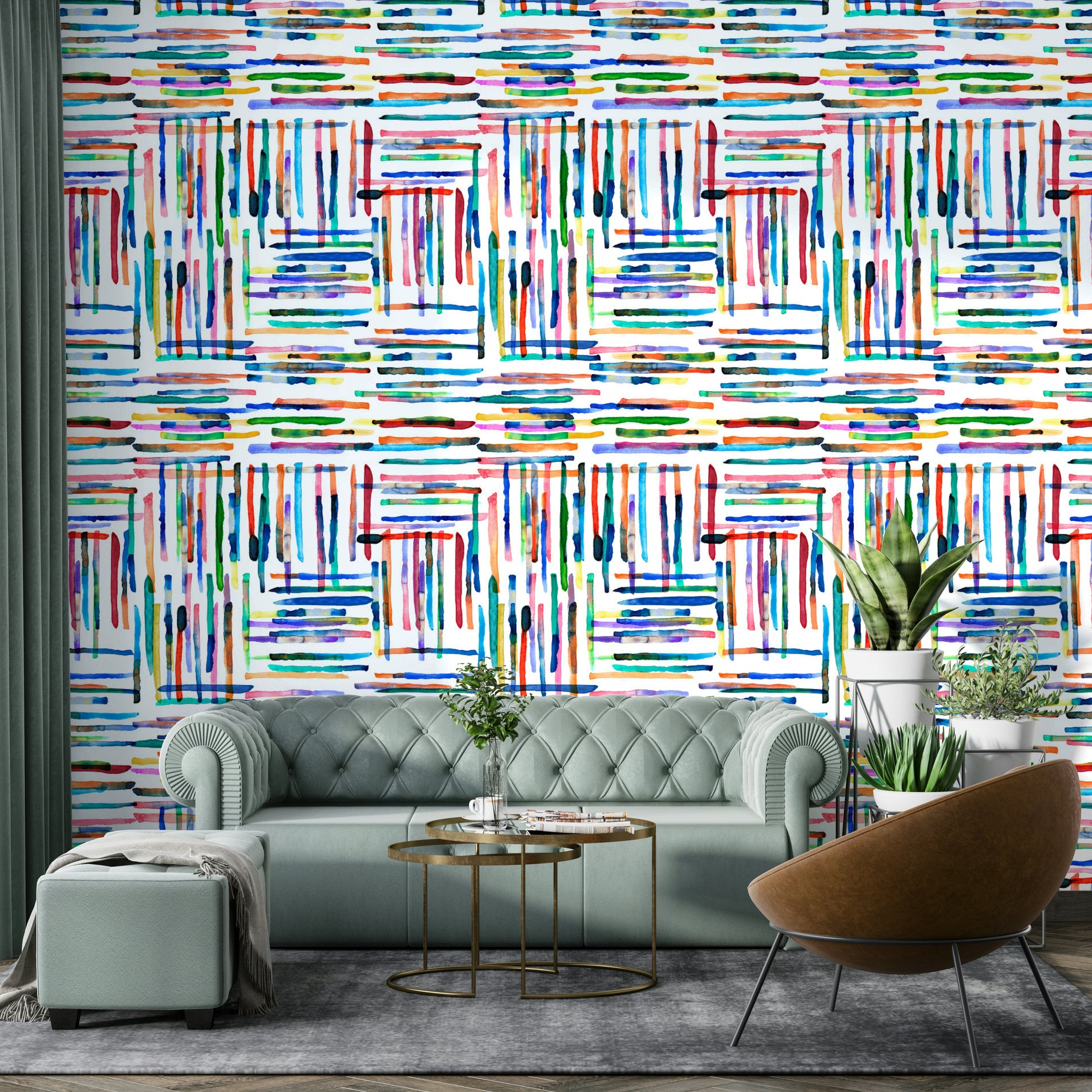 Hand-drawn stripe wallpaper in a loose tile arrangement.

