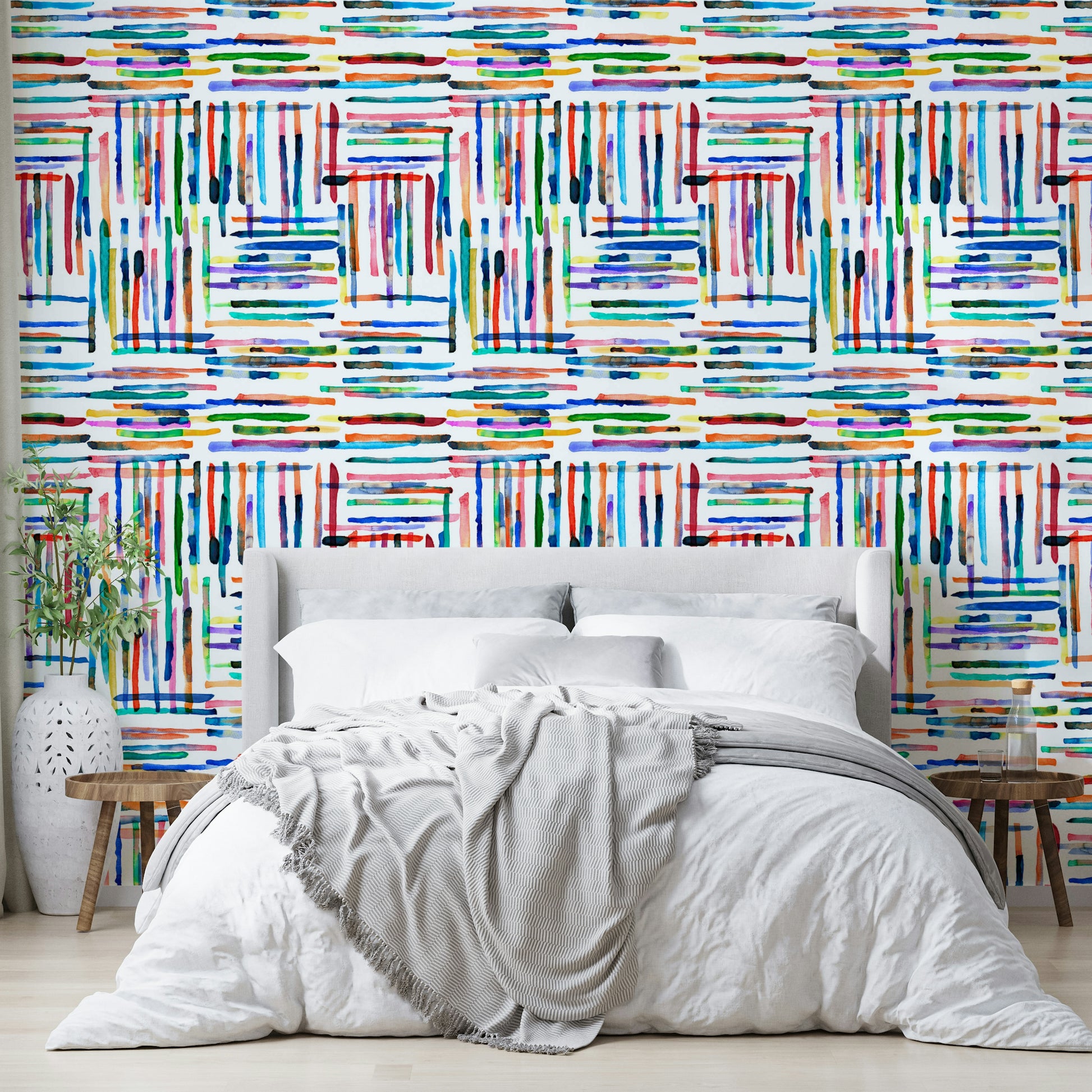 Blue tile-style wallpaper with horizontal and vertical watercolor stripes.

