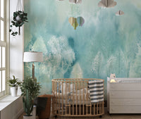 forest mural with soft hues