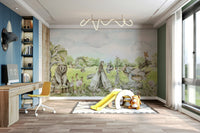 Design featuring whimsical rabbits, bears, foxes, and deer.

