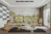 Wallpaper with a mix of soft greens, browns, and animal colors.

