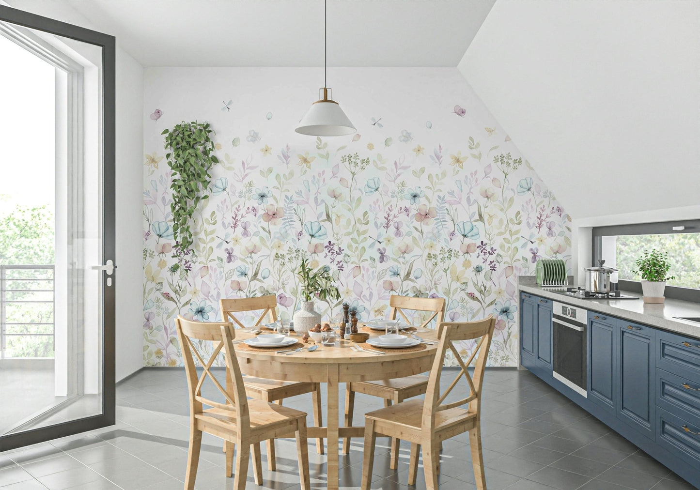 A watercolor wallpaper with delicate flowers and foliage creating a calm, whimsical scene.