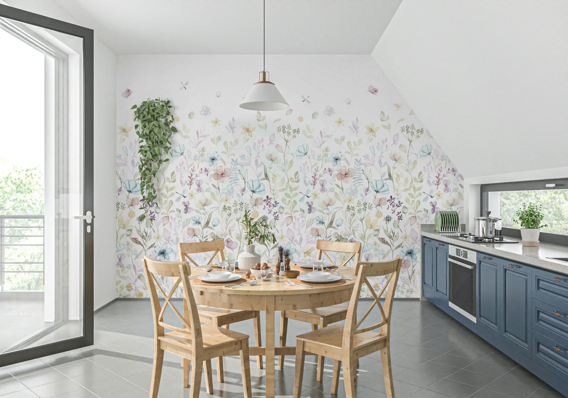 A watercolor wallpaper with delicate flowers and foliage creating a calm, whimsical scene.