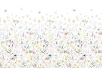 A whimsical wallpaper with scattered watercolor petals and pastel blossoms rising from the bottom.