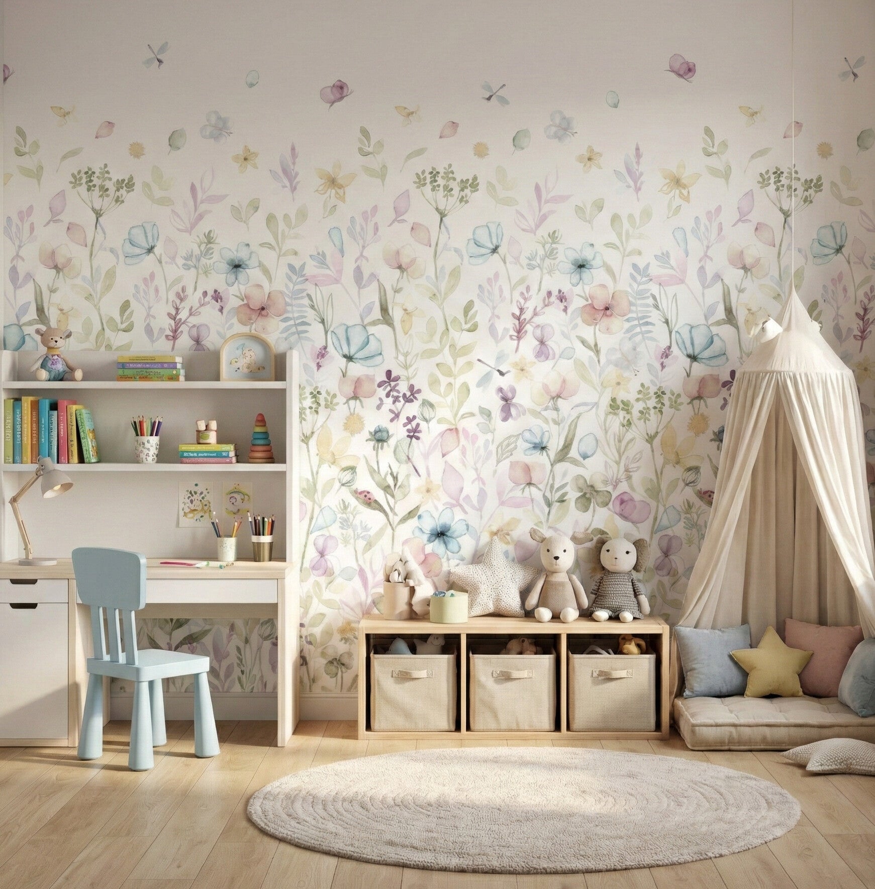 Watercolor Whispers Floral wall mural of pastel wildflowers in a kids room with a blue chair, toy bins and canopy nook