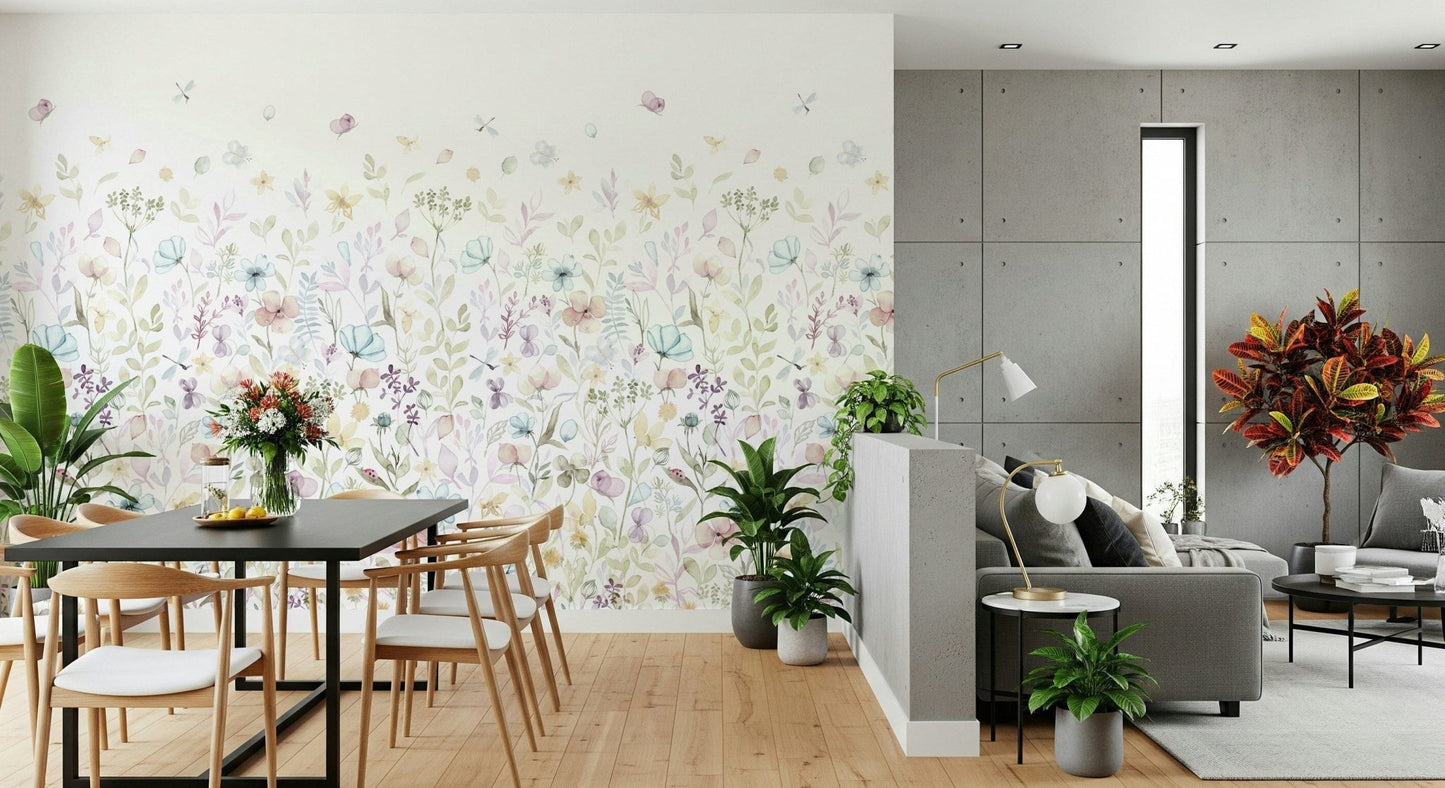 A pastel floral wallpaper with hand-drawn watercolor blossoms blending into a white backdrop.