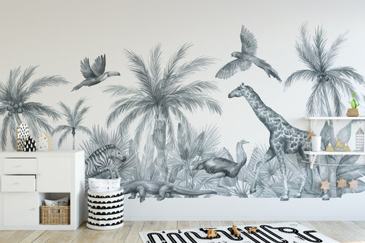 Watercolor Wild Animals wallpaper mural in gray with giraffe, palms and birds above a white dresser in a kids room