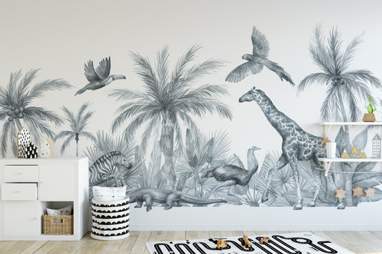 Watercolor Wild Animals wallpaper mural in gray with giraffe, palms and birds above a white dresser in a kids room