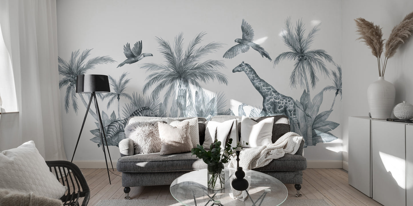 Playful kids room wall mural with animals