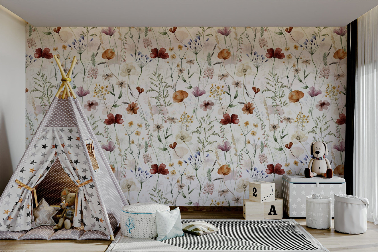 The mural shows a hand-painted floral scene.

