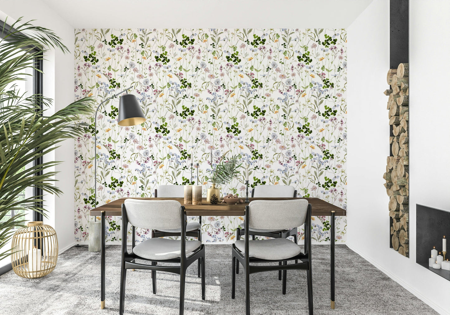 Wildflower Early Summer Meadow Wallpaper behind a tan leather lounge suite.