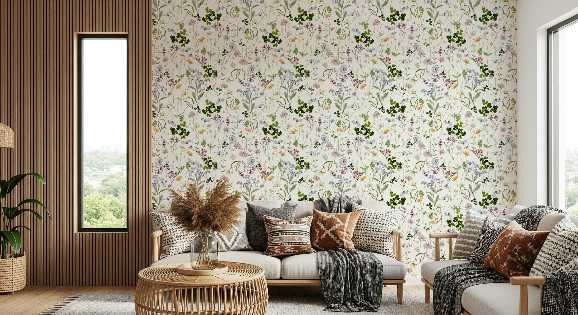 Large wall mural of summer flowers in a dining area with a glass table.