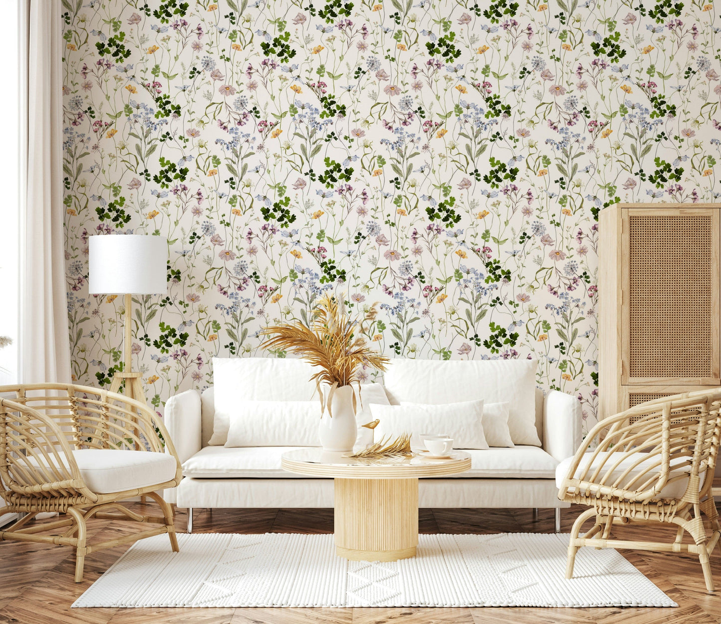 Close-up of Wildflower wallpaper showing the soft greens and yellows of the meadow.