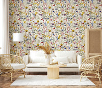 Bright wildflower meadow wallpaper, intricate colorful botanical design.