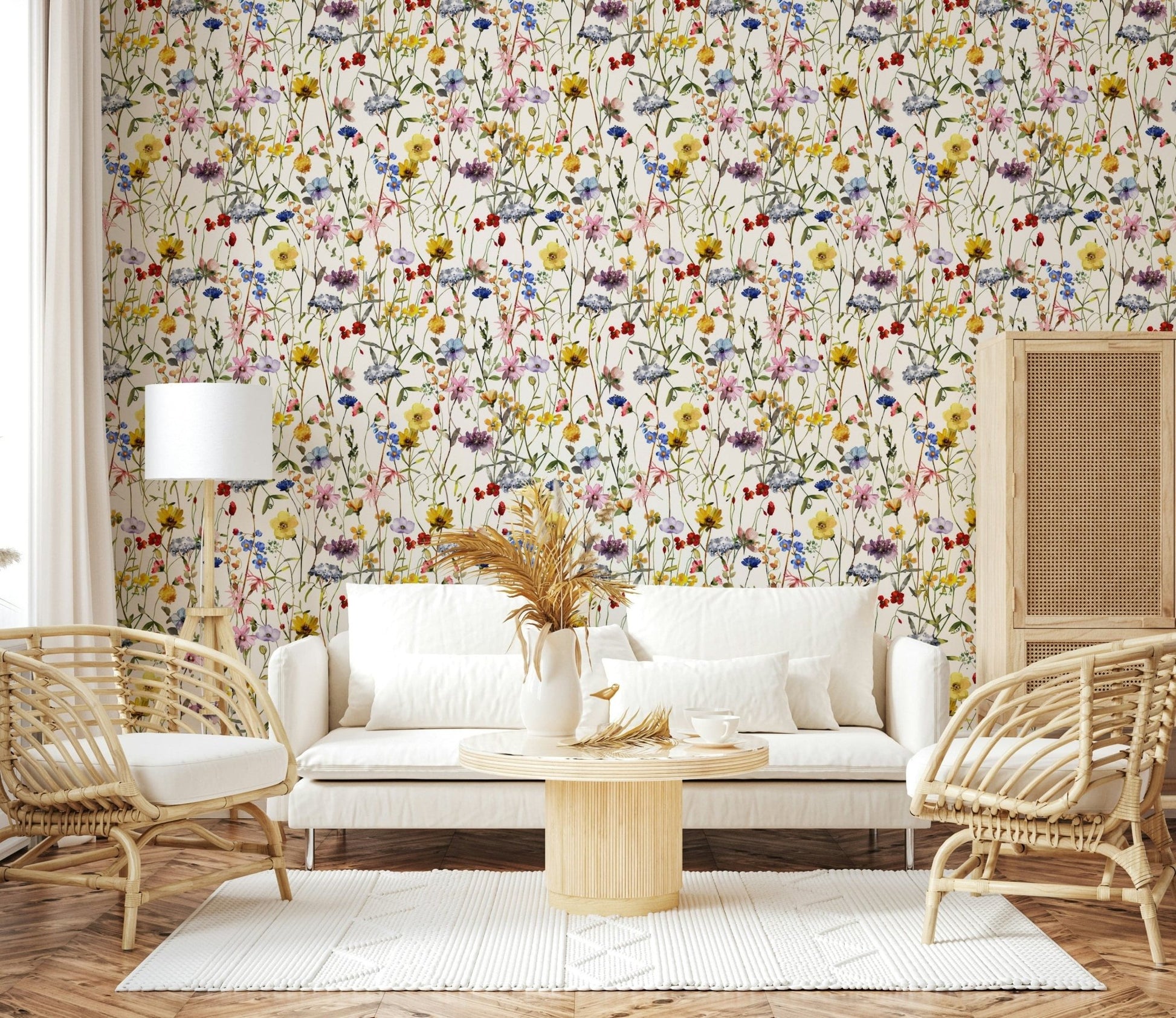 Bright wildflower meadow wallpaper, intricate colorful botanical design.