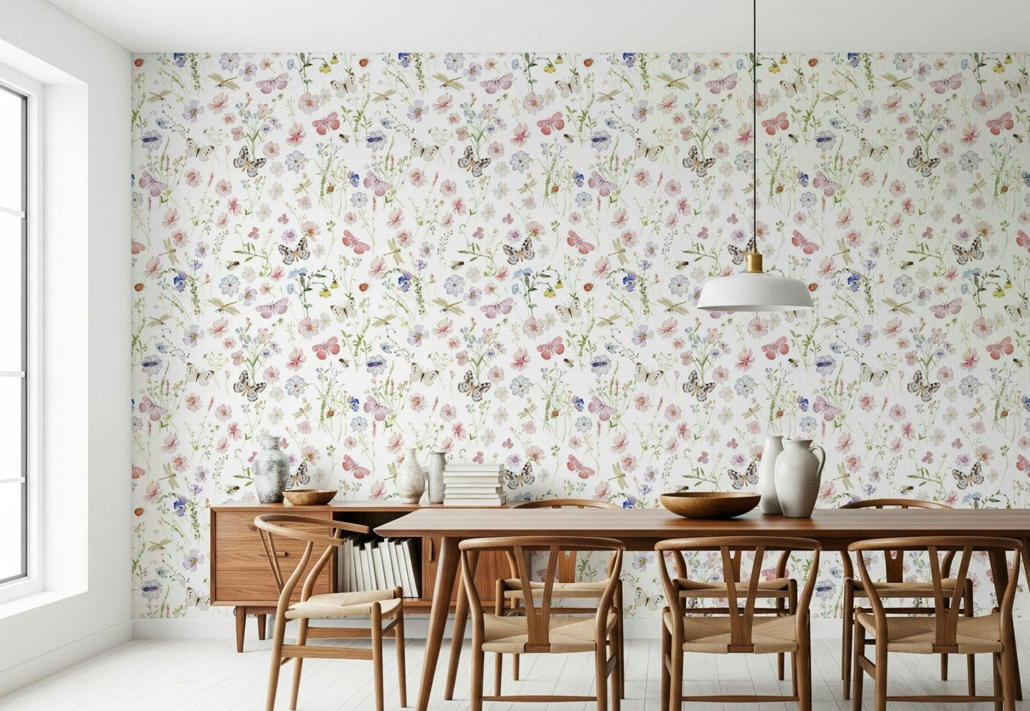 Colorful and intricate meadow pattern with soft pink and lavender watercolor flowers.