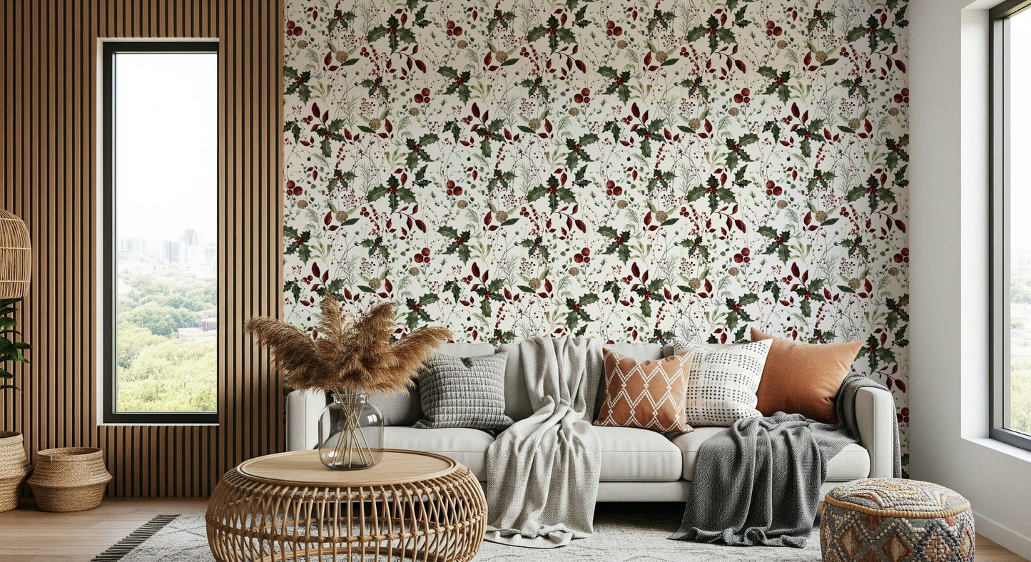 Nature inspired holly and conifer wall covering pattern.