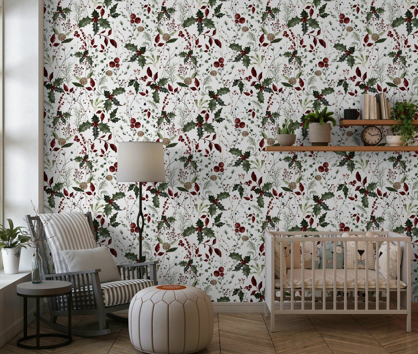 Elegant holiday wall mural featuring dark red berries.